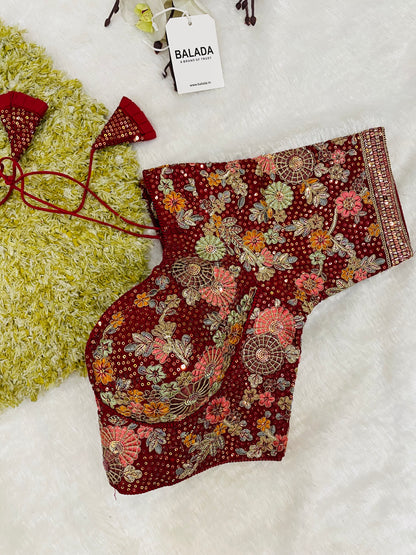 Maroon Heavy Embroidered Floral Blouse with Tassels