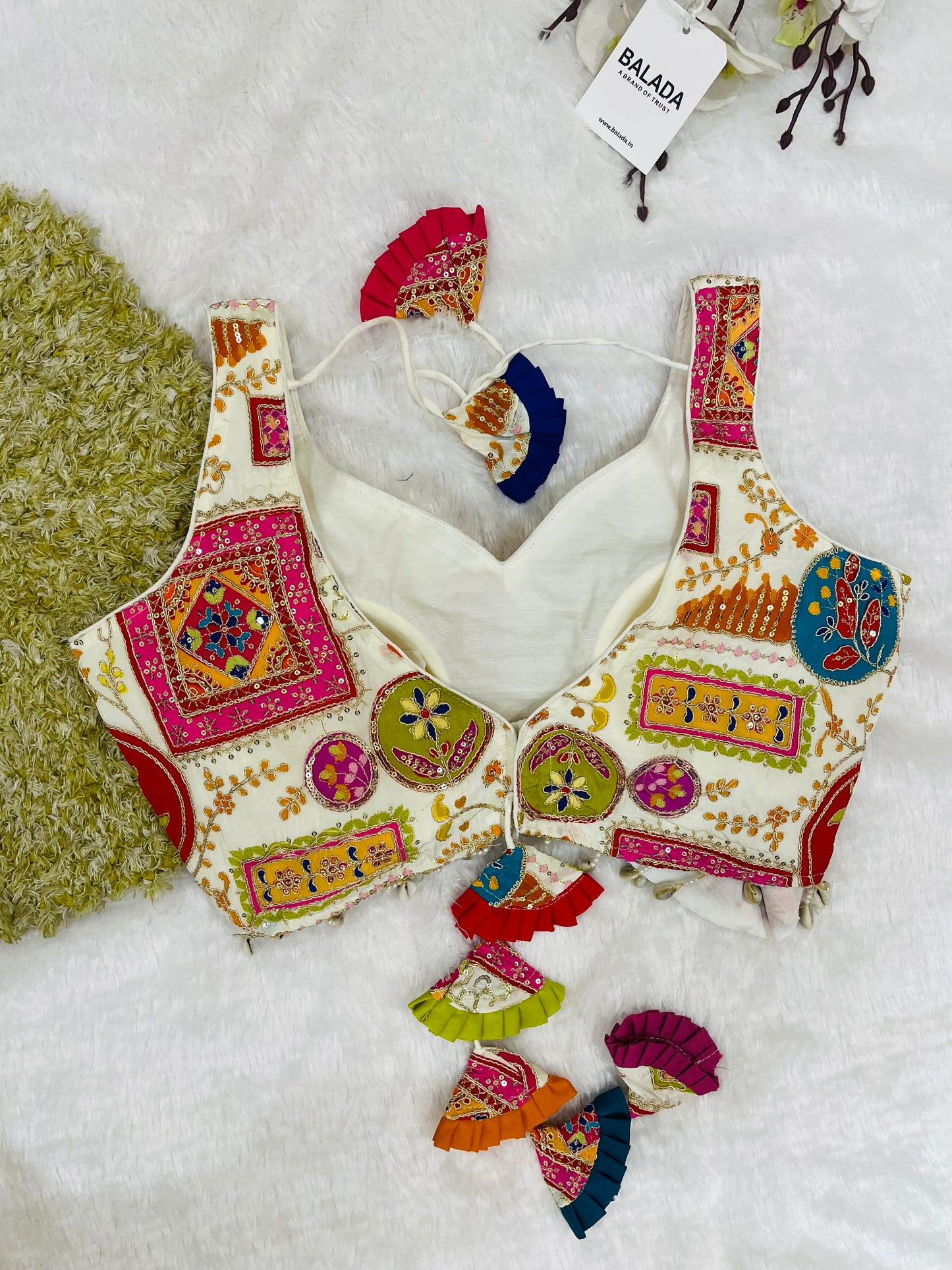 Off-White Multicolor Embroidered Sleeveless Blouse with Tassels