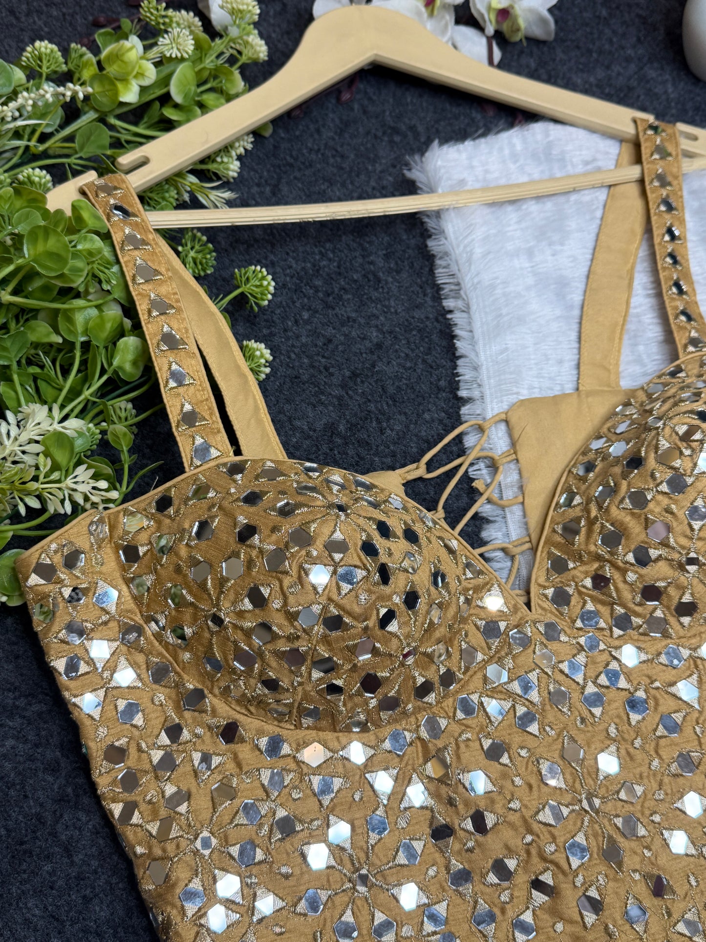 BALADA Women's Gold Mirror Work Bustier Blouse | Designer Party Wear Readymade Blouse | Fancy Wedding & Navratri Blouse for Women