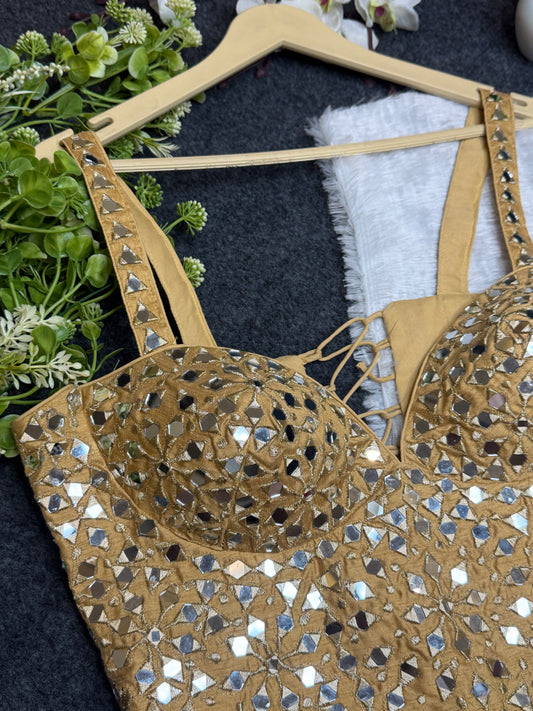 BALADA Women's Gold Mirror Work Bustier Blouse | Designer Party Wear Readymade Blouse | Fancy Wedding & Navratri Blouse for Women
