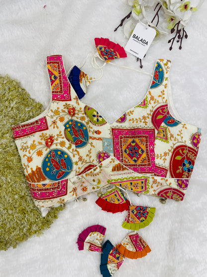 Off-White Multicolor Embroidered Sleeveless Blouse with Tassels