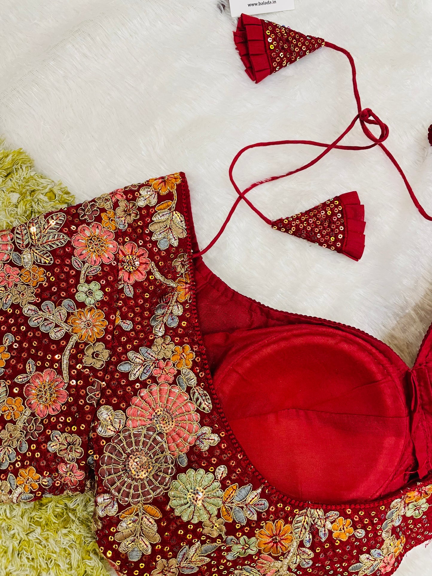 Maroon Heavy Embroidered Floral Blouse with Tassels