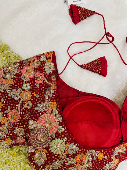 Maroon Heavy Embroidered Floral Blouse with Tassels