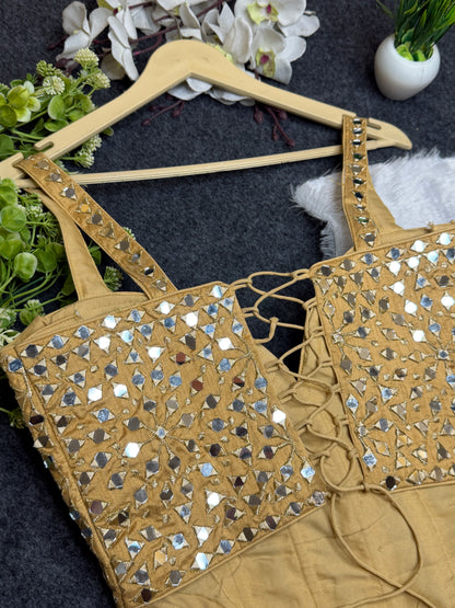 BALADA Women's Gold Mirror Work Bustier Blouse | Designer Party Wear Readymade Blouse | Fancy Wedding & Navratri Blouse for Women
