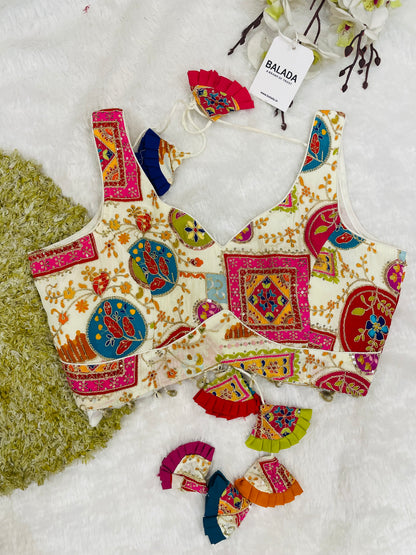 Off-White Multicolor Embroidered Sleeveless Blouse with Tassels