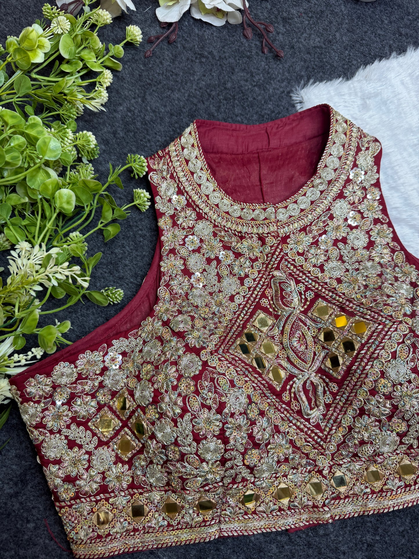 BALADA Maroon Heavy Embroidered Mirror Work Readymade Blouse for Women | Designer Wedding Blouse | Bridal Lehenga Blouse | Festive Party Wear Blouse