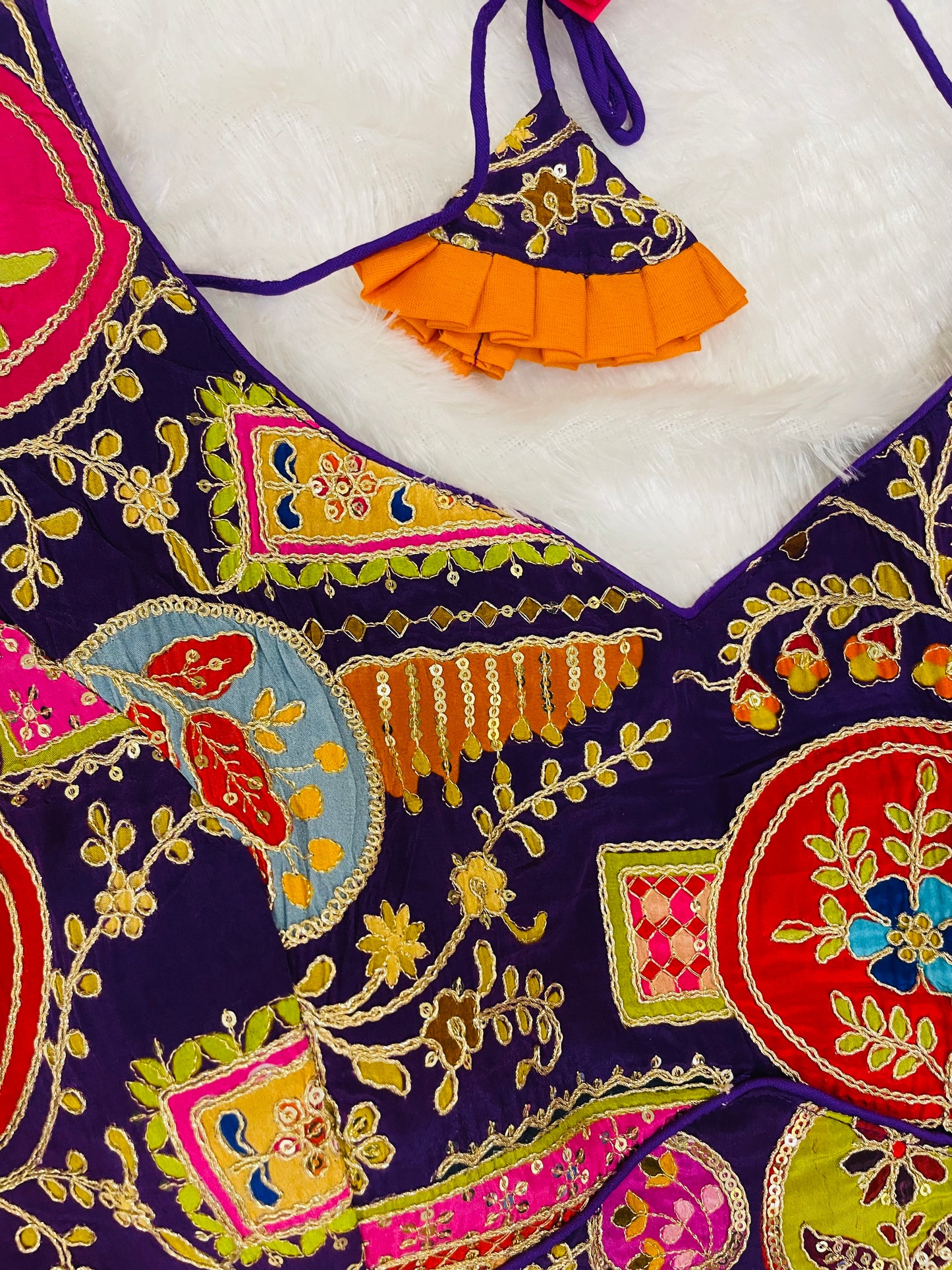 Purple Multicolor Embroidered Sleeveless Blouse with Tassels