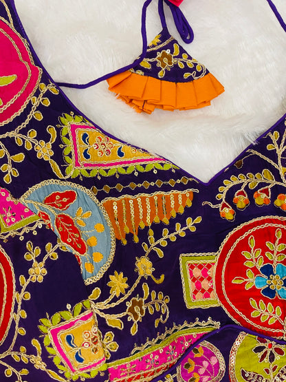 Purple Multicolor Embroidered Sleeveless Blouse with Tassels