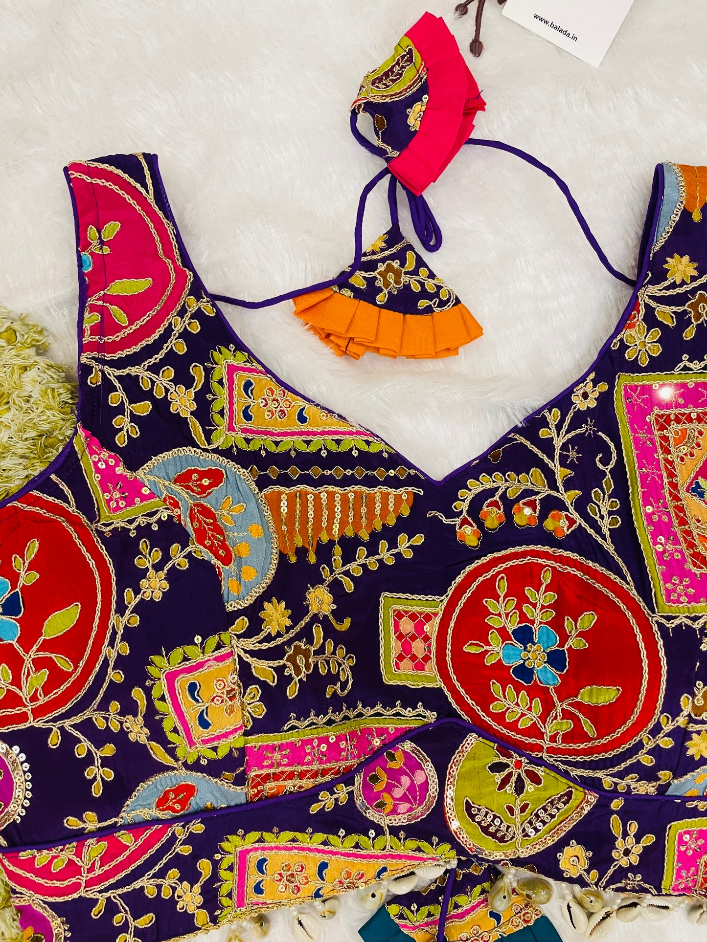 Purple Multicolor Embroidered Sleeveless Blouse with Tassels