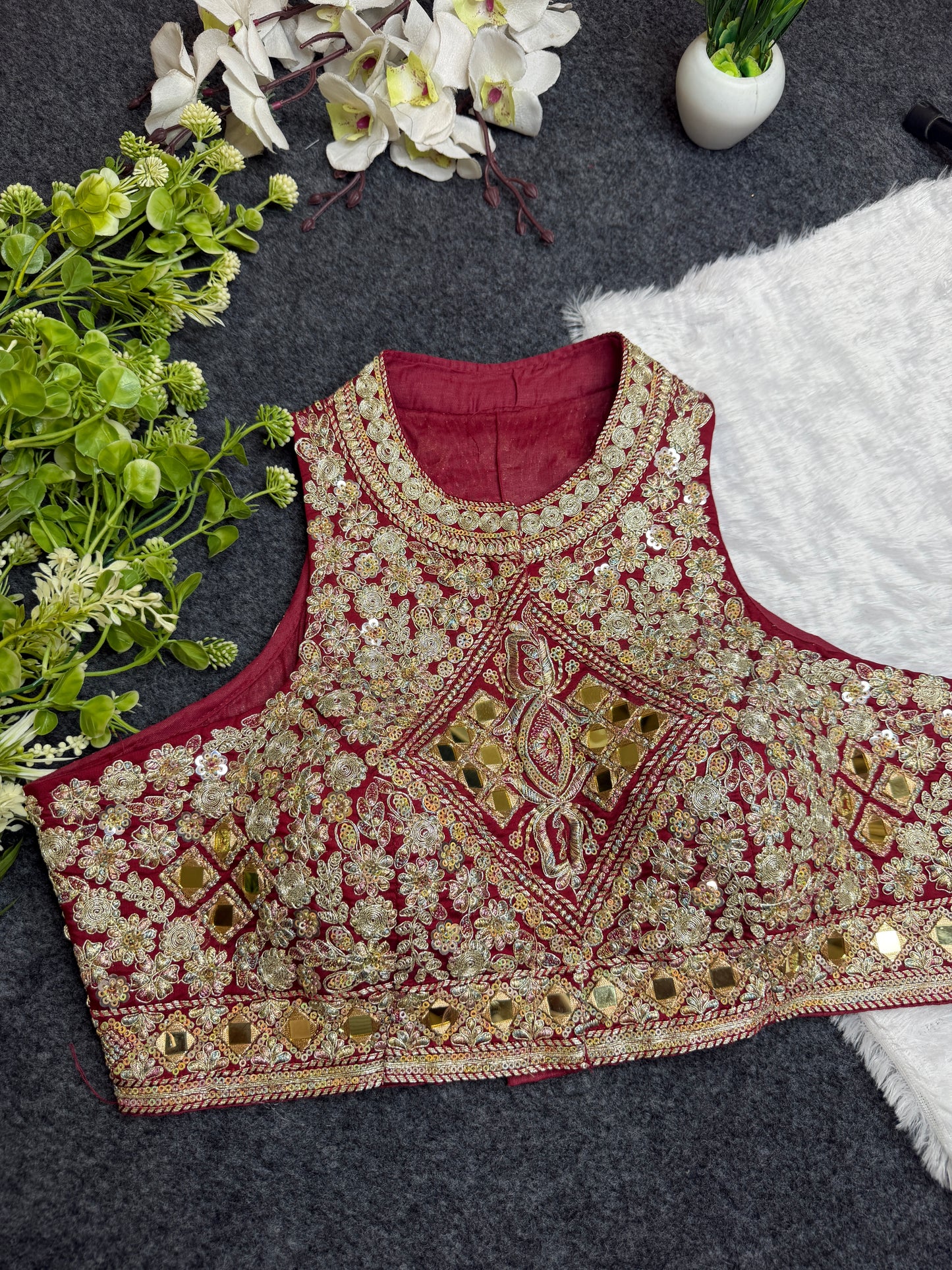 BALADA Maroon Heavy Embroidered Mirror Work Readymade Blouse for Women | Designer Wedding Blouse | Bridal Lehenga Blouse | Festive Party Wear Blouse