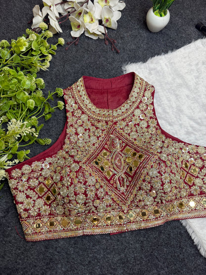 BALADA Maroon Heavy Embroidered Mirror Work Readymade Blouse for Women | Designer Wedding Blouse | Bridal Lehenga Blouse | Festive Party Wear Blouse