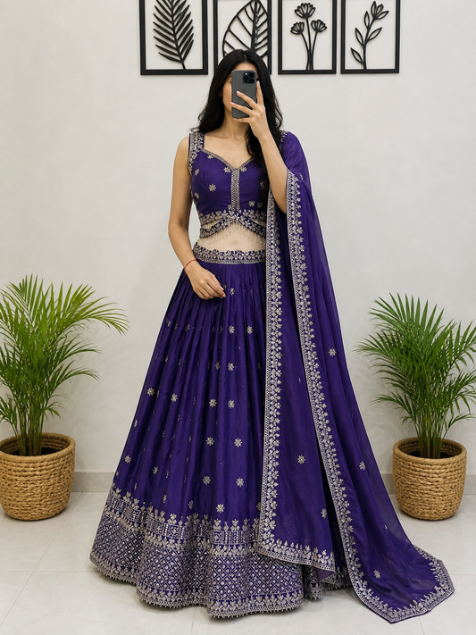 Royal Purple Embroidered Lehenga Choli for Women with Dupatta | Designer Silk Wedding & Festive Lehenga Set