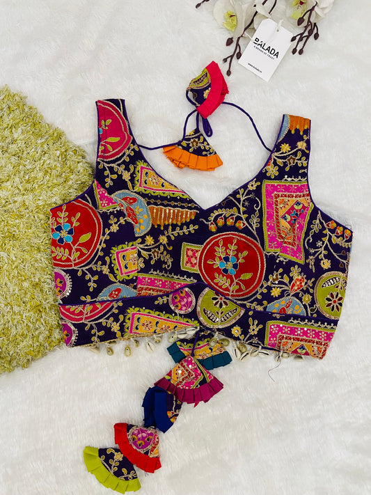 Purple Multicolor Embroidered Sleeveless Blouse with Tassels