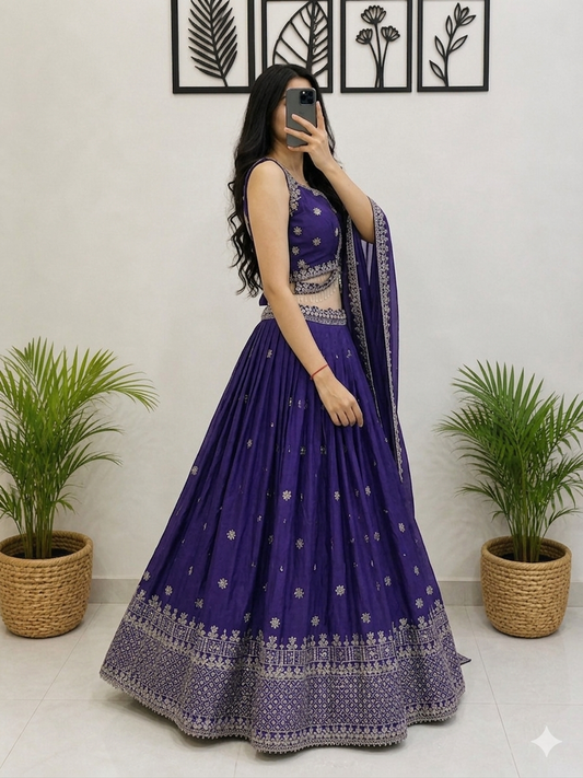 Royal Purple Embroidered Lehenga Choli for Women with Dupatta | Designer Silk Wedding & Festive Lehenga Set