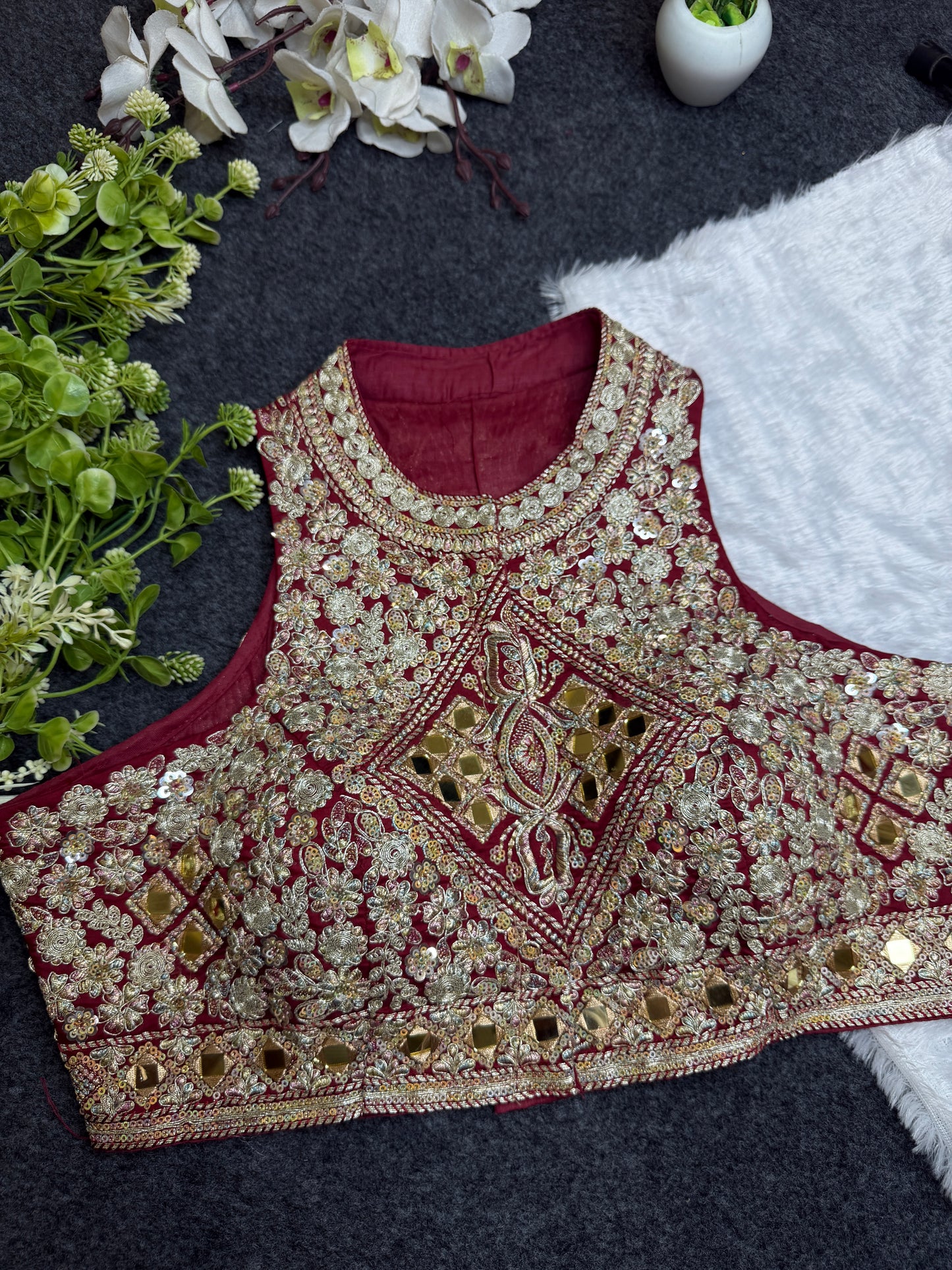 BALADA Maroon Heavy Embroidered Mirror Work Readymade Blouse for Women | Designer Wedding Blouse | Bridal Lehenga Blouse | Festive Party Wear Blouse
