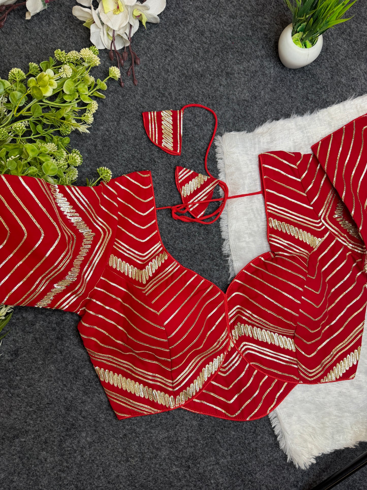 BALADA Red Designer Readymade Blouse for Women | Fancy V-Neck Party Wear Blouse | Lehenga Saree Blouse with Golden Stripe Work
