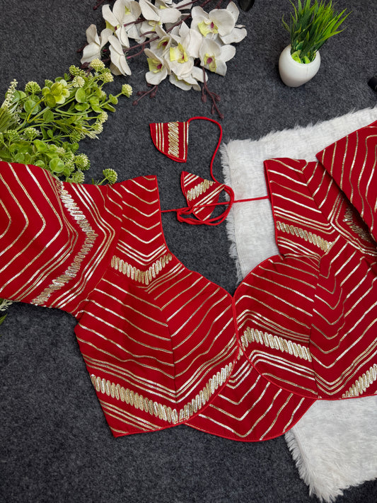 BALADA Red Designer Readymade Blouse for Women | Fancy V-Neck Party Wear Blouse | Lehenga Saree Blouse with Golden Stripe Work