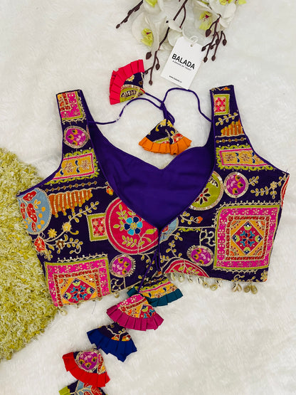 Purple Multicolor Embroidered Sleeveless Blouse with Tassels