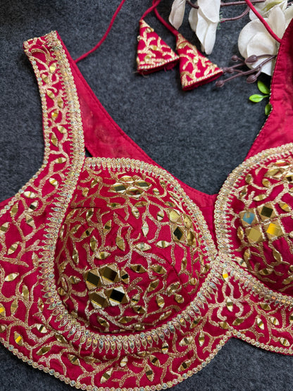 Pink Gold Mirror Work Designer Blouse | Heavy Embroidered Bridal Party Wear Blouse for Women