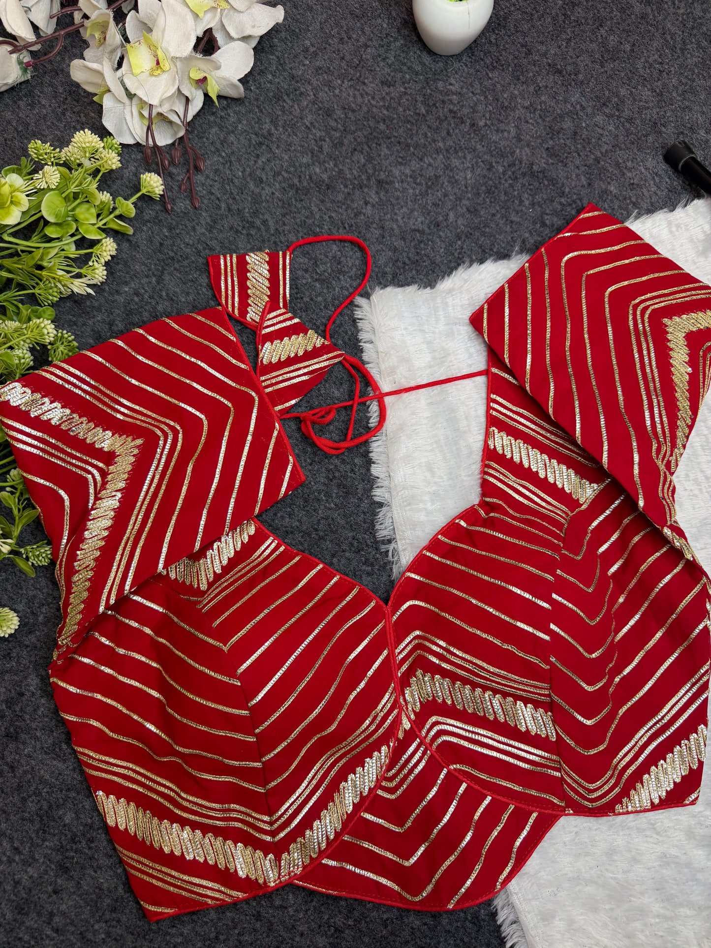 BALADA Red Designer Readymade Blouse for Women | Fancy V-Neck Party Wear Blouse | Lehenga Saree Blouse with Golden Stripe Work