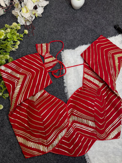 BALADA Red Designer Readymade Blouse for Women | Fancy V-Neck Party Wear Blouse | Lehenga Saree Blouse with Golden Stripe Work