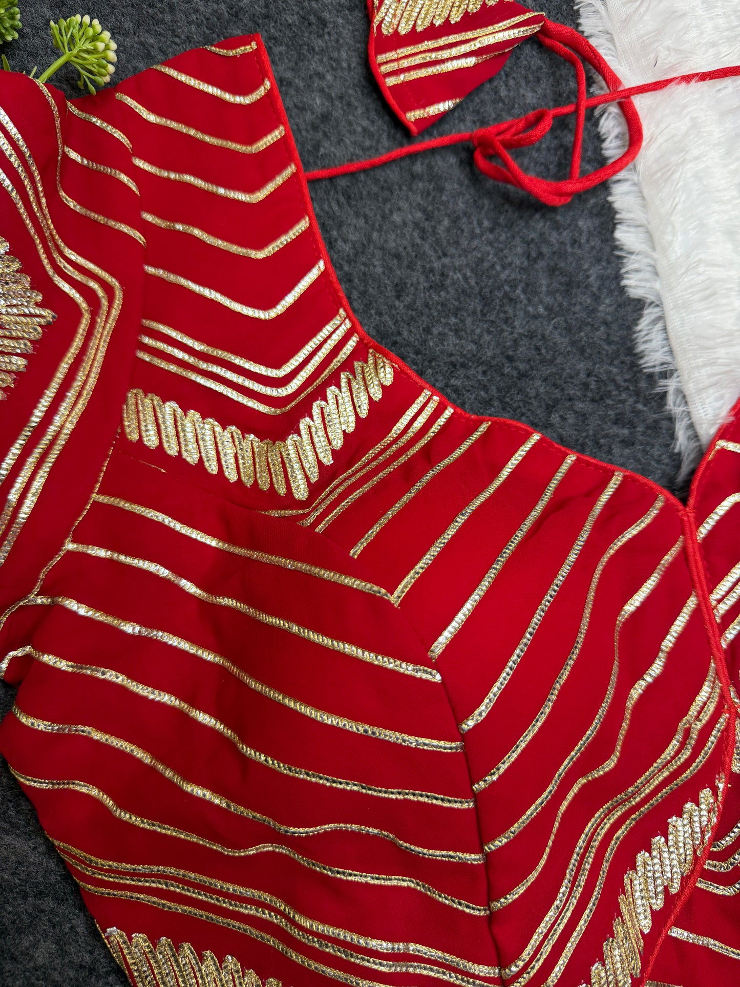 BALADA Red Designer Readymade Blouse for Women | Fancy V-Neck Party Wear Blouse | Lehenga Saree Blouse with Golden Stripe Work