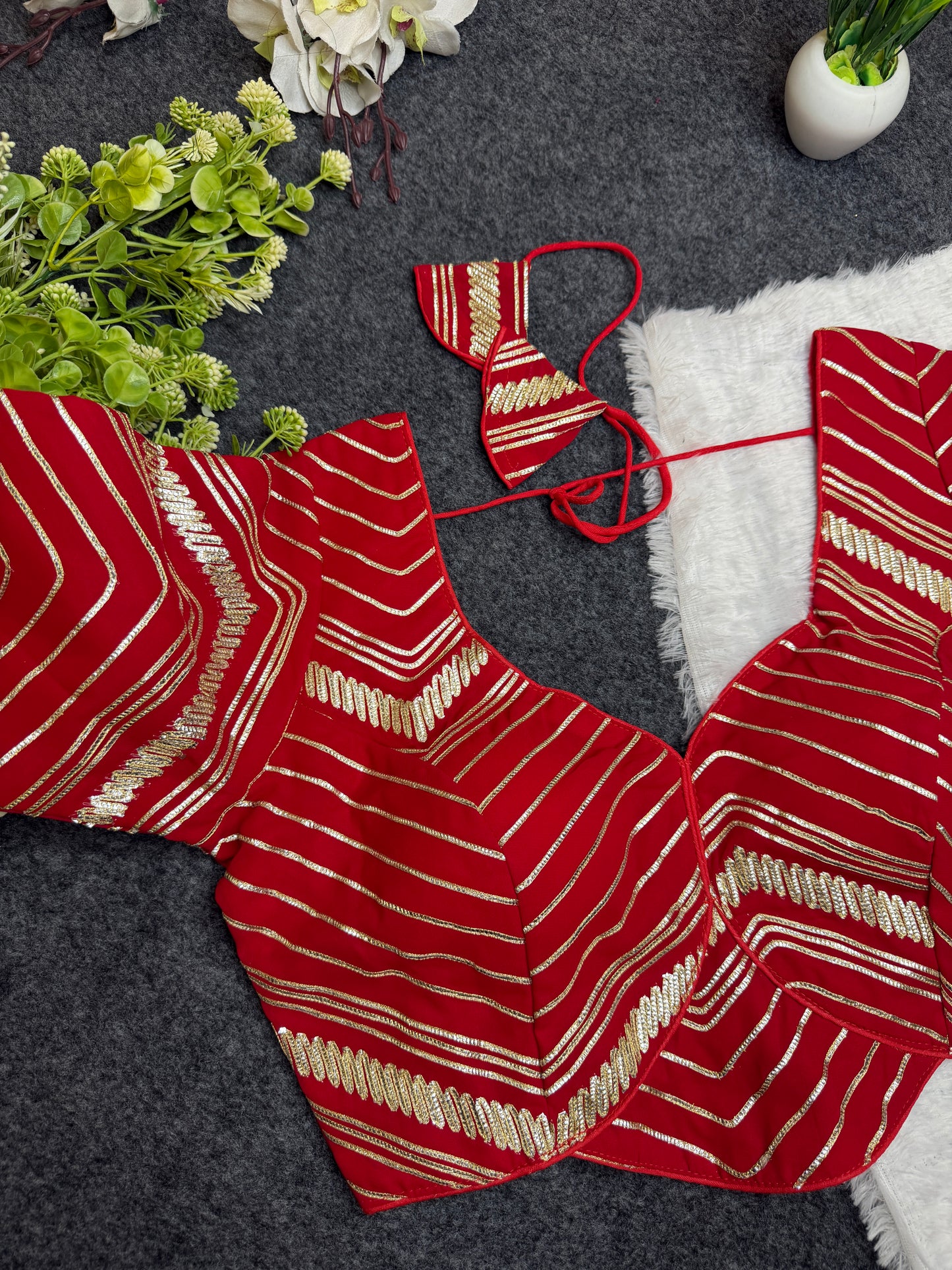BALADA Red Designer Readymade Blouse for Women | Fancy V-Neck Party Wear Blouse | Lehenga Saree Blouse with Golden Stripe Work