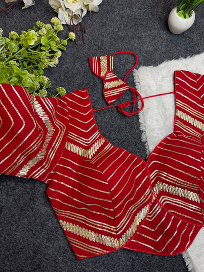 BALADA Red Designer Readymade Blouse for Women | Fancy V-Neck Party Wear Blouse | Lehenga Saree Blouse with Golden Stripe Work