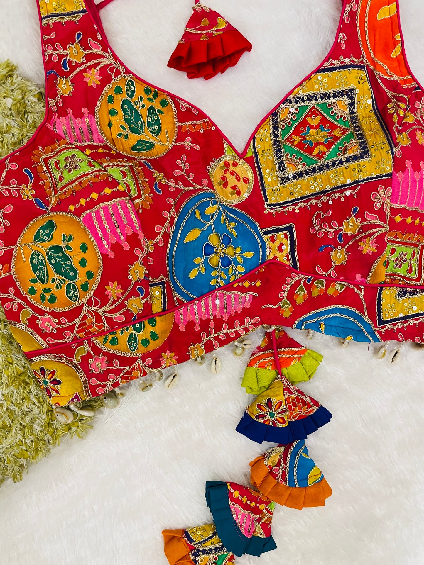 Red Multicolor Embroidered Sleeveless Blouse with Tassels