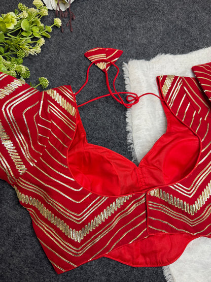 BALADA Red Designer Readymade Blouse for Women | Fancy V-Neck Party Wear Blouse | Lehenga Saree Blouse with Golden Stripe Work