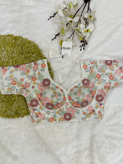 Off-White Multicolor Floral Embroidered Sleeveless Blouse with Tassels