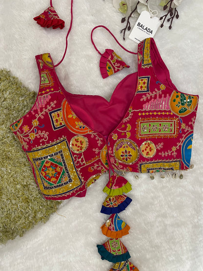 Red Multicolor Embroidered Sleeveless Blouse with Tassels