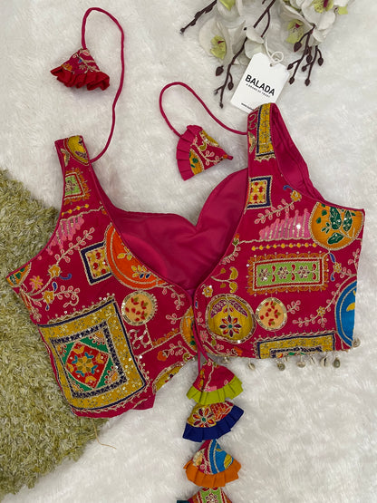 Red Multicolor Embroidered Sleeveless Blouse with Tassels