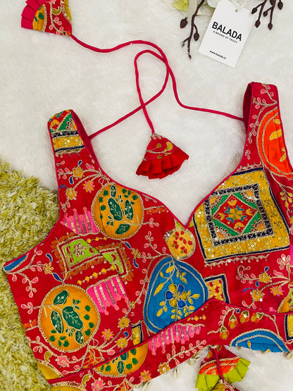 Red Multicolor Embroidered Sleeveless Blouse with Tassels
