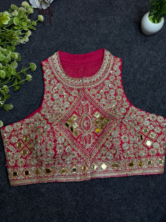BALADA  Pink Heavy Embroidered Mirror Work Readymade Blouse for Women | Designer Bridal Lehenga Blouse | Wedding & Festive Wear Blous