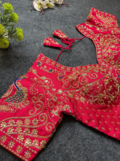 Rani Pink Peacock Embroidered Designer Blouse for Women | Bridal Heavy Work Party Wear Readymade Blouse