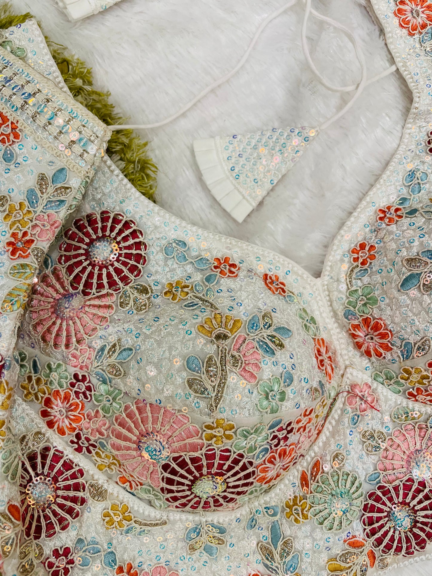 Off-White Multicolor Floral Embroidered Sleeveless Blouse with Tassels