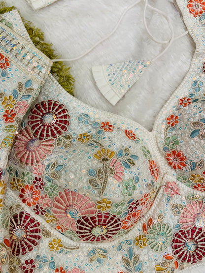 Off-White Multicolor Floral Embroidered Sleeveless Blouse with Tassels