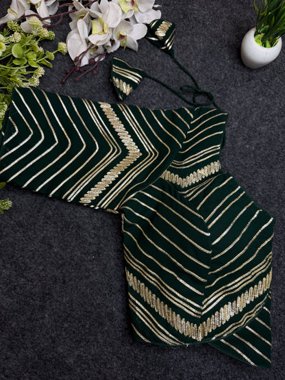 BALADA Bottle Green Designer Readymade Blouse for Women | Fancy V Neck Party Wear Blouse | Lehenga Saree Blouse with Golden Stripe Work