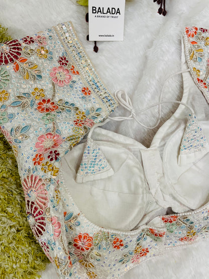 Off-White Multicolor Floral Embroidered Sleeveless Blouse with Tassels