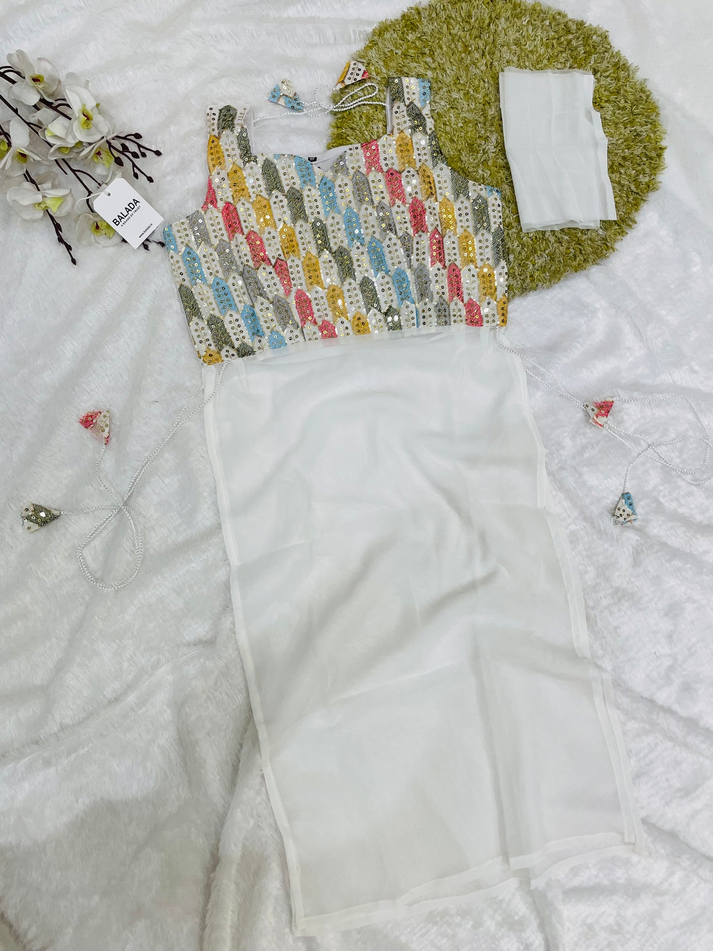Geometric Mirror Work Kurti with Embroidered Yoke