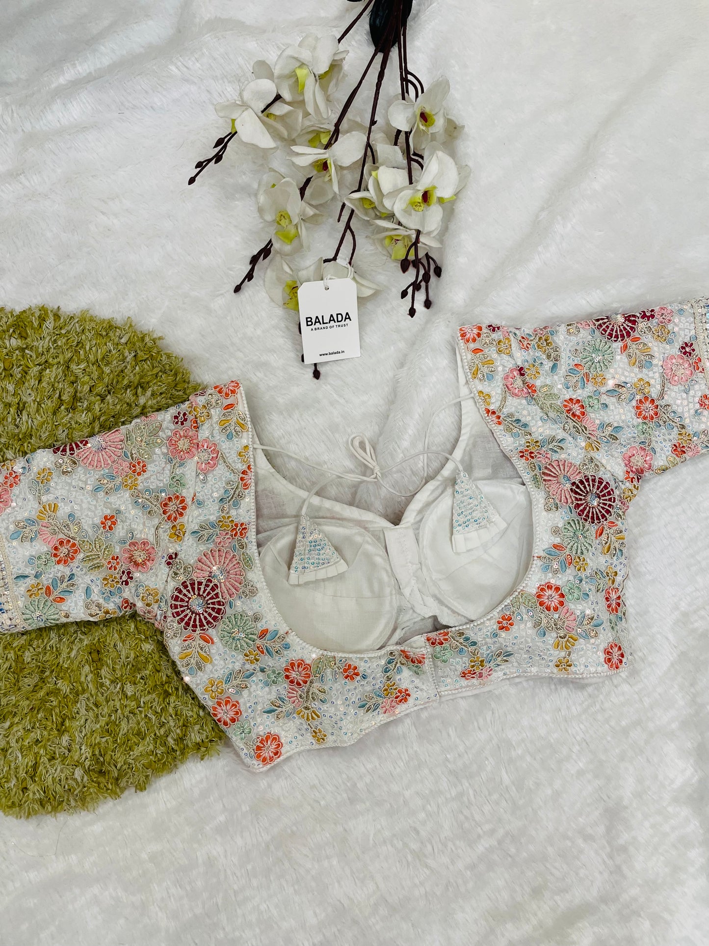 Off-White Multicolor Floral Embroidered Sleeveless Blouse with Tassels