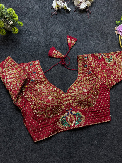 Maroon Peacock Design Heavy Embroidered Blouse | Designer Bridal Wedding Party Wear Blouse for Women