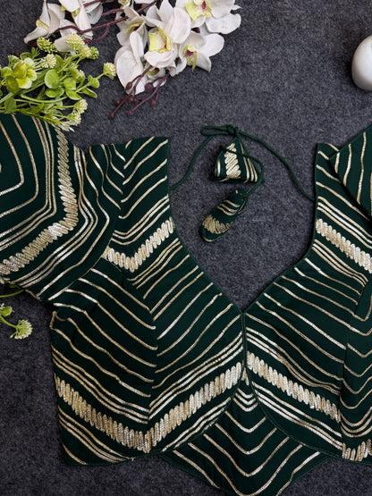 BALADA Bottle Green Designer Readymade Blouse for Women | Fancy V Neck Party Wear Blouse | Lehenga Saree Blouse with Golden Stripe Work
