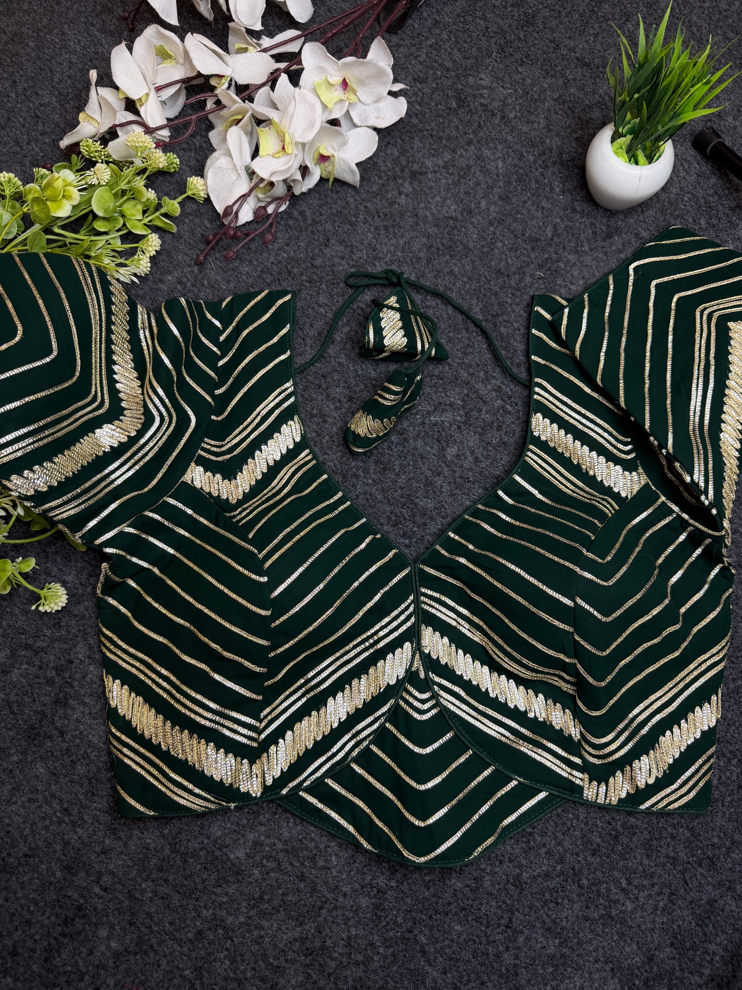 BALADA Bottle Green Designer Readymade Blouse for Women | Fancy V Neck Party Wear Blouse | Lehenga Saree Blouse with Golden Stripe Work