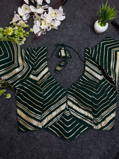 BALADA Bottle Green Designer Readymade Blouse for Women | Fancy V Neck Party Wear Blouse | Lehenga Saree Blouse with Golden Stripe Work