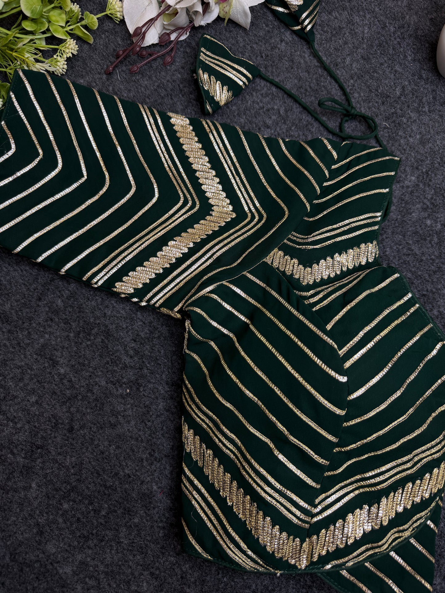 BALADA Bottle Green Designer Readymade Blouse for Women | Fancy V Neck Party Wear Blouse | Lehenga Saree Blouse with Golden Stripe Work