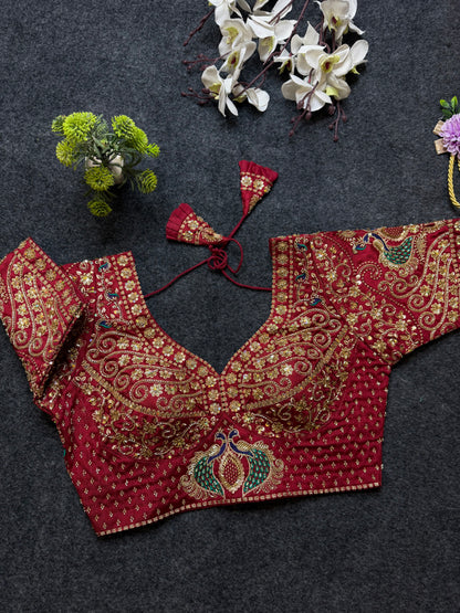Maroon Peacock Design Heavy Embroidered Blouse | Designer Bridal Wedding Party Wear Blouse for Women