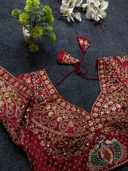 Maroon Peacock Design Heavy Embroidered Blouse | Designer Bridal Wedding Party Wear Blouse for Women