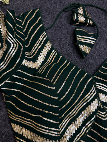 BALADA Bottle Green Designer Readymade Blouse for Women | Fancy V Neck Party Wear Blouse | Lehenga Saree Blouse with Golden Stripe Work